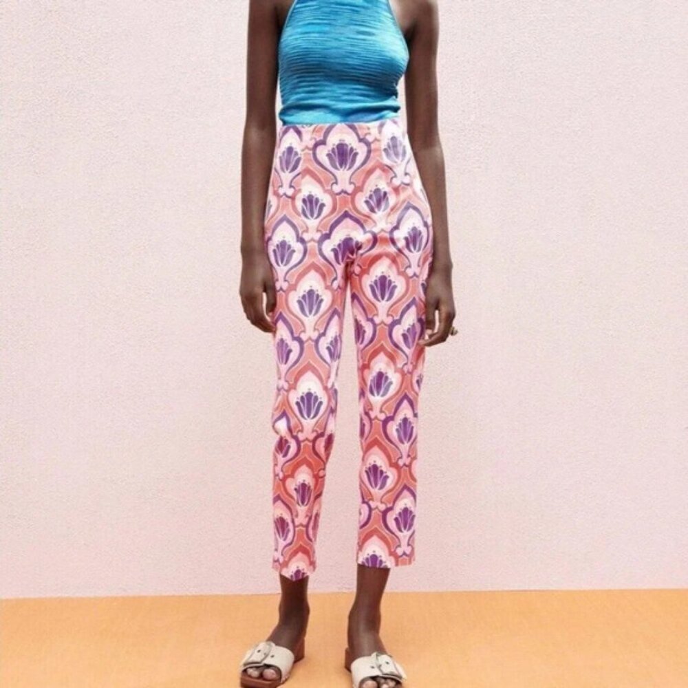 Zara Funky Retro Stretch Crop Multocolor Pink Pants Womens 6